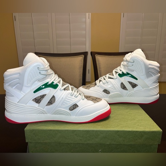New Gucci High Top GG Supreme Logo White Tan Sneaker Shoes Size UK 10 / US 10.5 - Picture 12 of 15